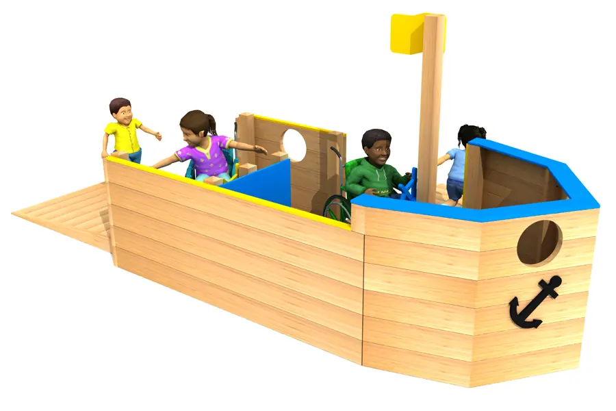 Inclusive playground boat design showing wheelchair user engaging in maritime role play