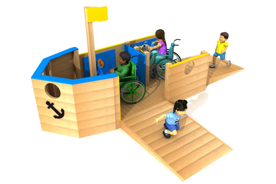 Inclusive playground boat design showing wheelchair user engaging in maritime role play
