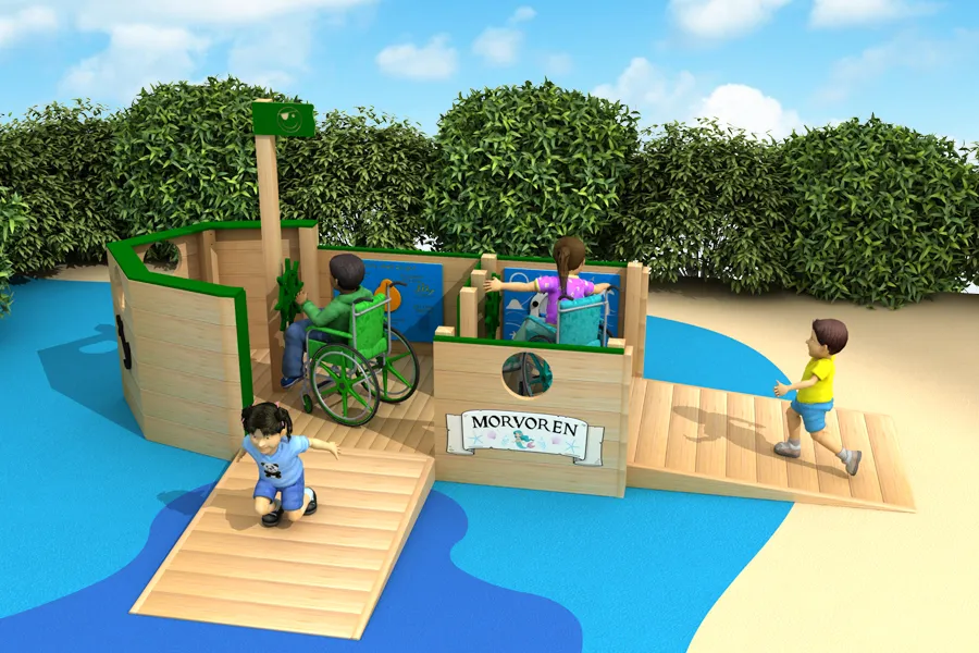 An illustration of the 'Morvoren' All Ability Tug Boat in a vibrant, inclusive outdoor playground setting with children playing.