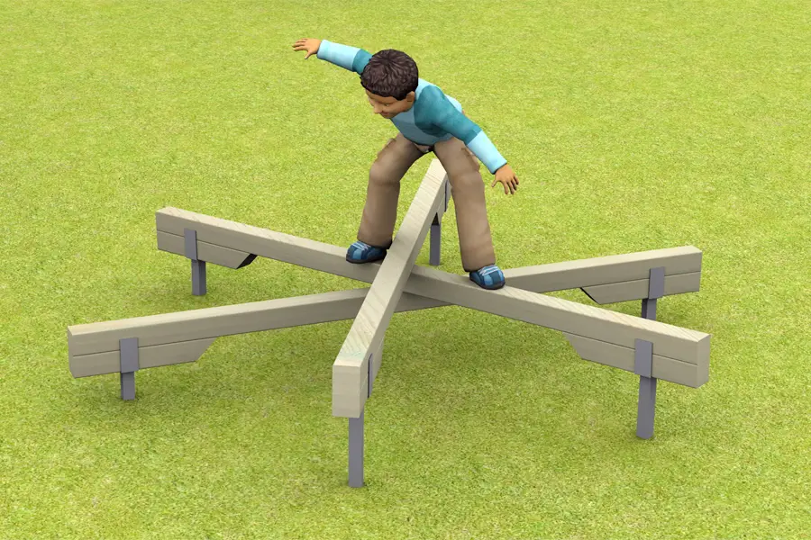 A 3D render of a cross-shaped Balance Beam Junction outdoor play equipment, with a child balancing at the centre where four beams meet on a green lawn.