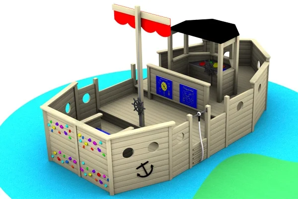 An illustration of the Beachside Boat outdoor play equipment, featuring a climbing wall, anchor graphic, and red sail.