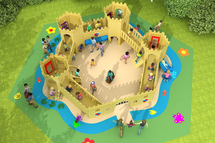 An aerial view 3D render of the Castle Kiddo, a large, open-plan timber play castle, showing the layout of its towers, walkways, and central courtyard, with many children playing on a decorative rubber surface.