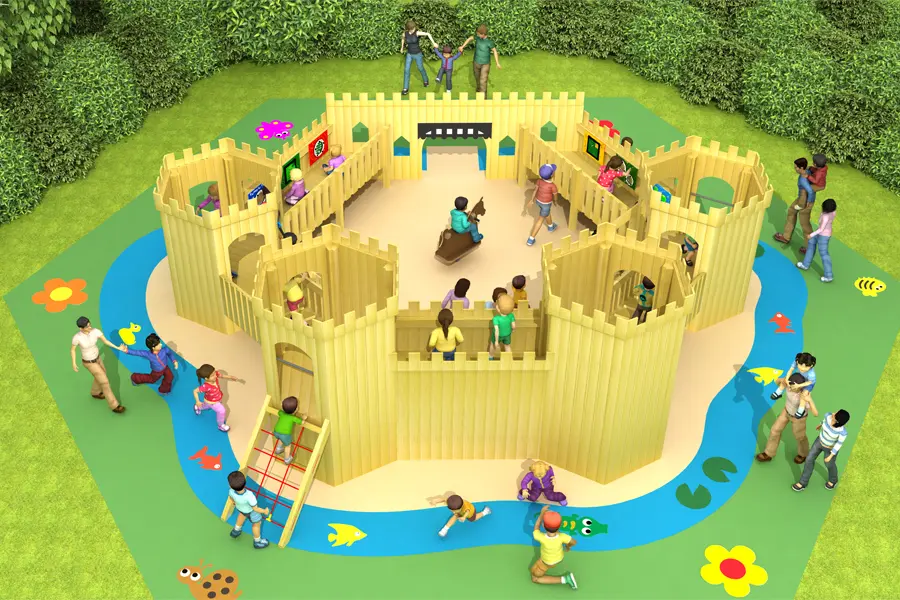 A high-angle 3D render of the Castle Kiddo timber play castle, showing a rope climbing net, a central courtyard with a rocking horse, and children playing on the upper walkways and towers.