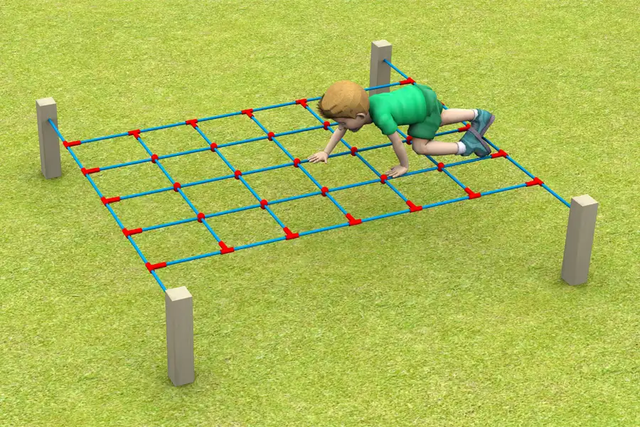 A 3D render of a child crawling over a blue rope Crawl Net with red connectors, supported by four wooden posts on a green lawn.