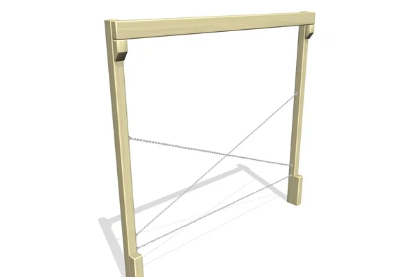 A 3D render showing a front view of the Crossover Chain Walk outdoor play equipment, featuring two crossing chains suspended between a wooden frame.