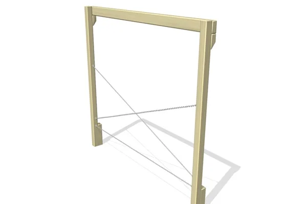A 3D render showing a side-angle view of the Crossover Chain Walk trim trail equipment, with crossing chains between a tall wooden frame.
