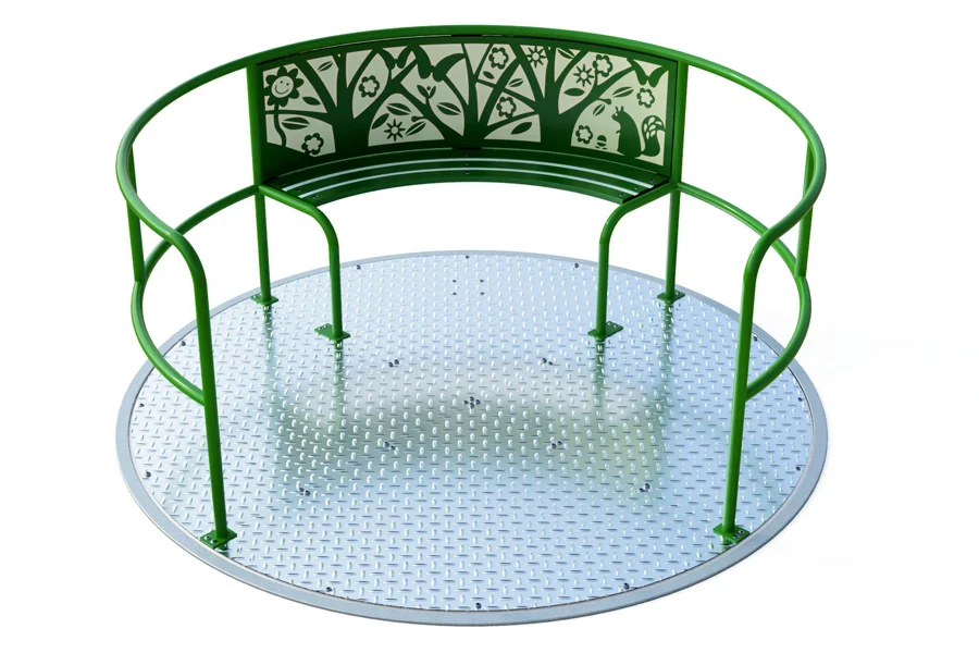 The Inclusive Wheelspin Roundabout in a green wildlife design, featuring a decorative back panel with trees and a squirrel, suitable for a nature-themed, accessible playground.