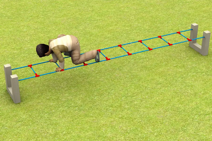 A 3D render showing a child crawling across a blue and red Ladder Traverse on a green lawn.