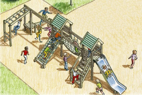 A hand-drawn illustration of children playing on the Maribou Play Frame, showing the twin towers, monkey bars, rope net ramp, staircase, chain bridge, and stainless steel slide, with children climbing, sliding, and running.