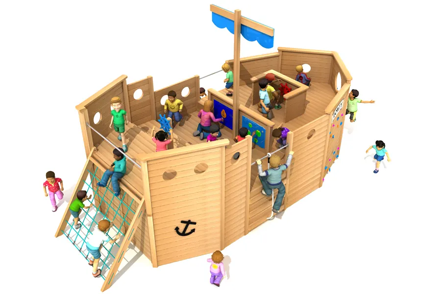 Martha D timber boat play structure render with rope and climbing features