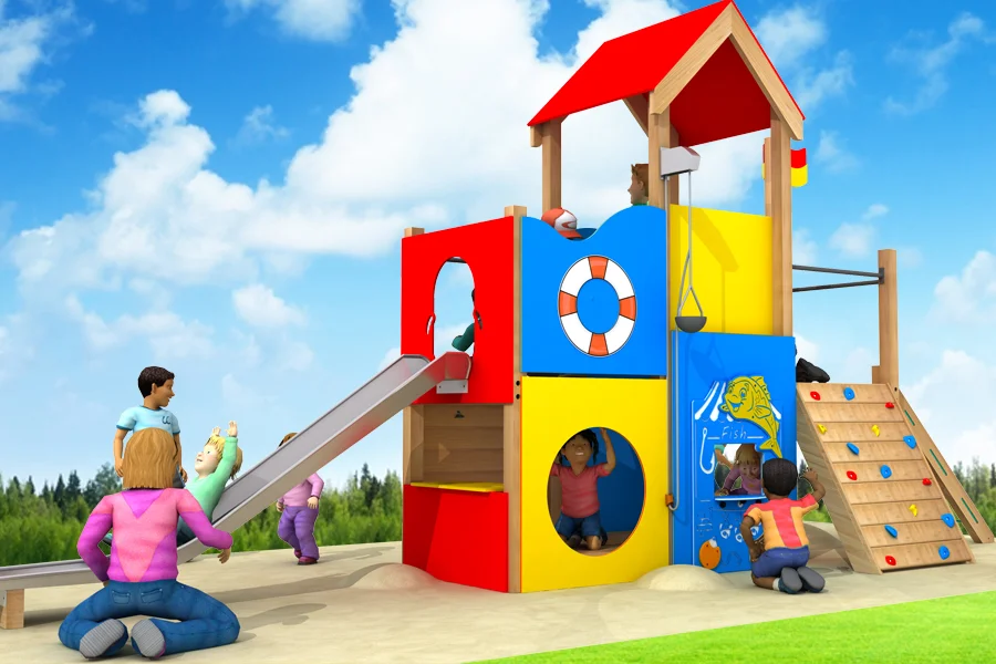 A 3D render side view of the Mawgan Lifeguard Towers multi-play unit showing the red-roofed lookout tower, lifebuoy panel, fish activity panel, rock climbing wall, stainless steel slide, and animated children playing, against a blue sky.
