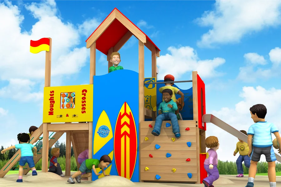 A 3D render of the Mawgan Lifeguard Towers multi-play unit showing the red-roofed lookout tower, surfboard panels, noughts and crosses activity panel, rock climbing wall, lifeguard flag, and animated children playing, against a blue sky.