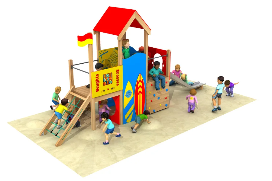 A top-down 3D render of the Mawgan Lifeguard Towers multi-play unit showing the red-roofed lookout tower, surfboard panels, noughts and crosses activity panel, rock climbing wall, and rope ladder, on a sand surface.