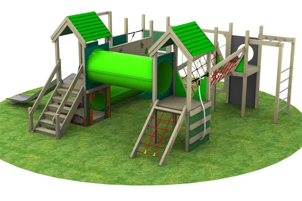 A 3D render of the Nature Towers multi-play unit showing two green-roofed towers connected by a green cylindrical tunnel, with a stainless steel slide, red rope net climbing panel, and ladder.