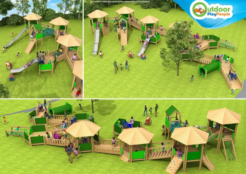A 3D render showing multiple views of the Penzance Wheelchair Towers, a large, inclusive timber play structure with towers, ramps, slides, and a tunnel, designed for wheelchair accessibility.