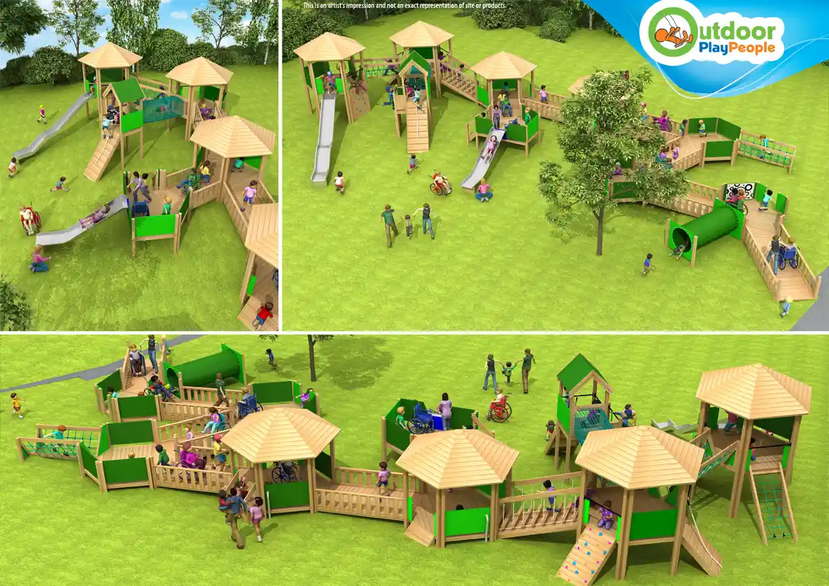 A 3D render showing multiple views of the Penzance Wheelchair Towers, a large, inclusive timber play structure with towers, ramps, slides, and a tunnel, designed for wheelchair accessibility.