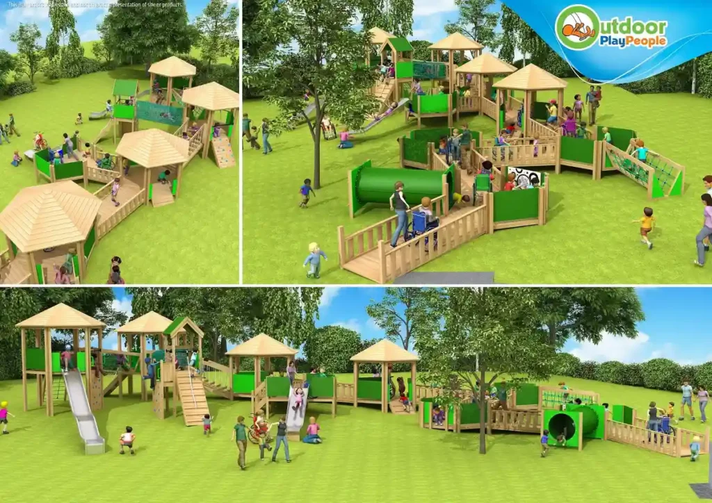 A 3D render collage of the Penzance Wheelchair Towers, a large, inclusive timber play structure with wide ramps, towers, slides, and play panels, designed for children of all abilities.