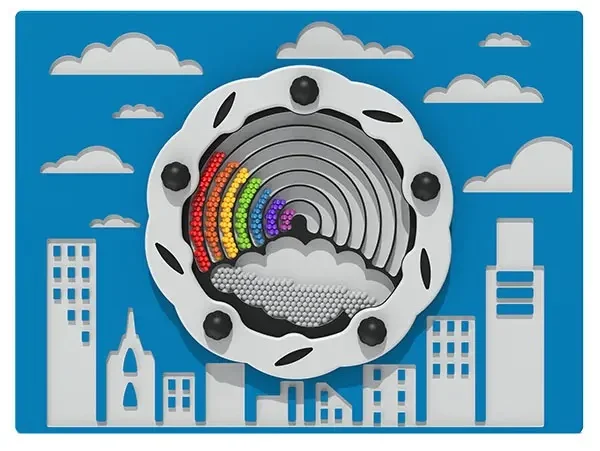 The Rainbow Play Panel, an interactive sensory toy with a rainbow of coloured beads behind a clear screen, set against a blue panel with a white city skyline and clouds.