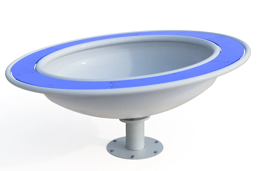 A product shot of the Revolve, a multi-user, bowl-shaped spinning play product with a blue rim and a silver-grey frame on a central pivot.