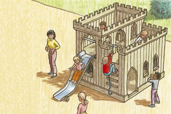 A hand-drawn illustration of children playing on a Small Fort With Slide wooden castle outdoor play unit, with children sliding, climbing the rope ladder, and looking out from the battlements, supervised by an adult.