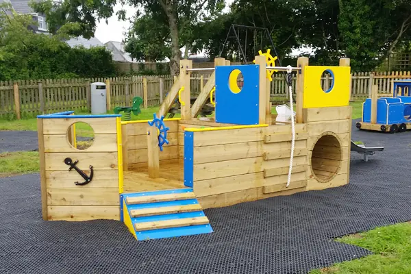 St Eval Sailor wooden playground boat with ramp and deck access