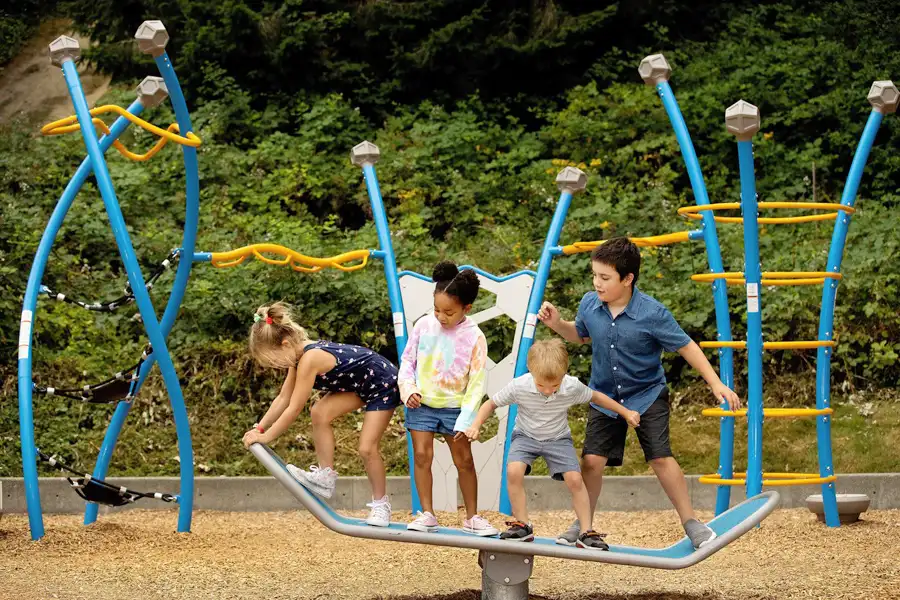Four children of different ages playing together on the Surfboard, a multi-user inclusive seesaw, in an outdoor playground with a bark chip surface.
