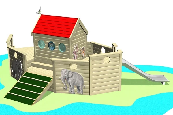 A side-view illustration of The Ark children's play structure, showing an elephant graphic, access ramp, and slide.