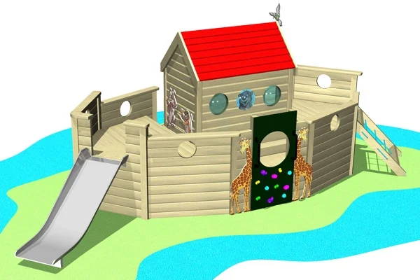 An illustration of The Ark, a Noah's Ark themed outdoor play equipment, featuring a slide and a giraffe-themed climbing frame.