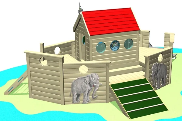 An illustration of The Ark outdoor playground equipment from the rear, showing two elephant graphics and a wide gangplank.