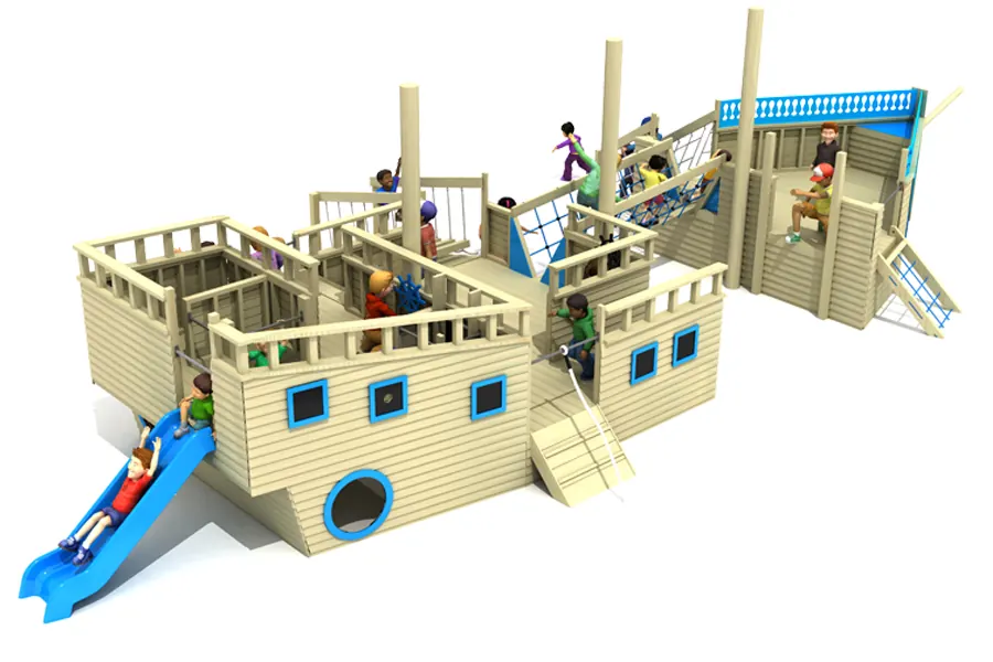 Timber playground ship with blue slide and climbing features