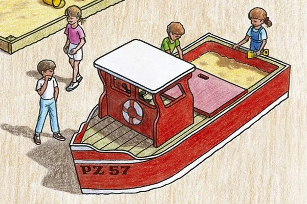 An artist's illustration of the Trawler Sandpit, a red play boat sandpit with children playing.