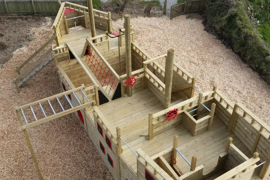 Aerial deck view of Trevalgan Galleon playground pirate ship
