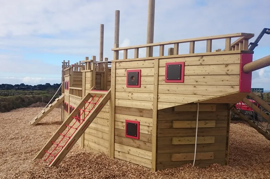 Rear view of Trevalgan Galleon large wooden playground ship