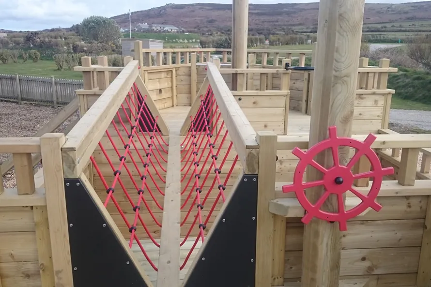 Rope bridge walkway on Trevalgan Galleon wooden pirate ship