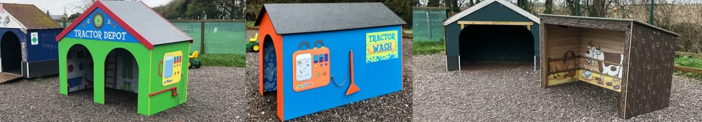 Timber farm-themed playhouse with tractor wash and animal shelter outdoor play equipment