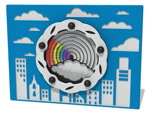 Timber interactive rainbow play panel as part of outdoor wooden playground equipment
