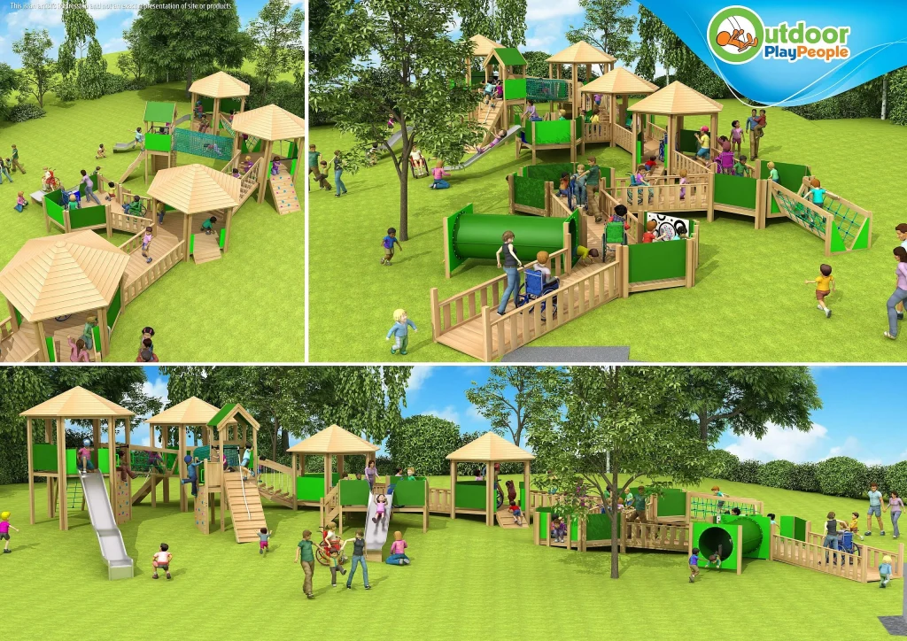 Timber wheelchair accessible towers in a wooden playground designed for inclusive outdoor play