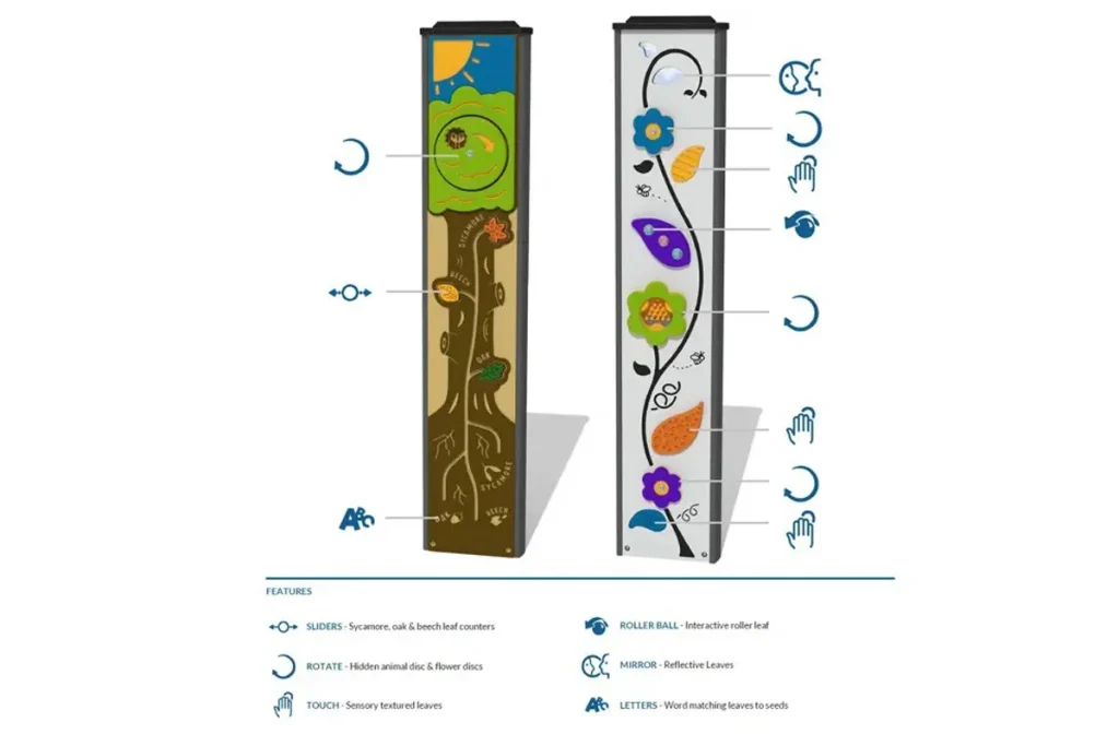 Timber sensory play totem with interactive elements for outdoor education playgrounds and schools
